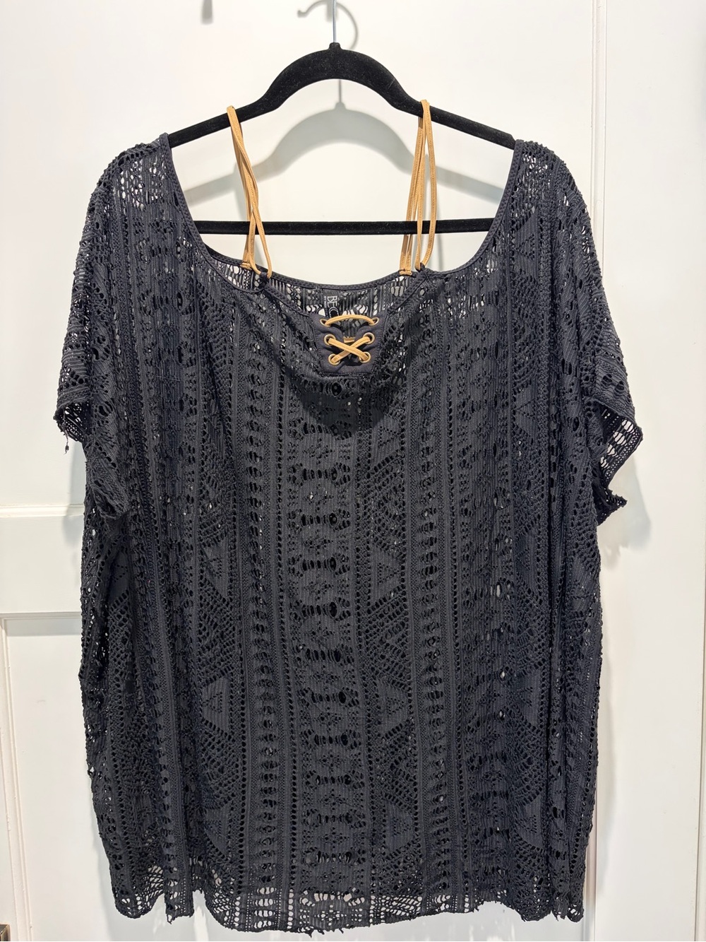 BECCA Black Crochet Swim Coverup with Tan Lace-Up Detail